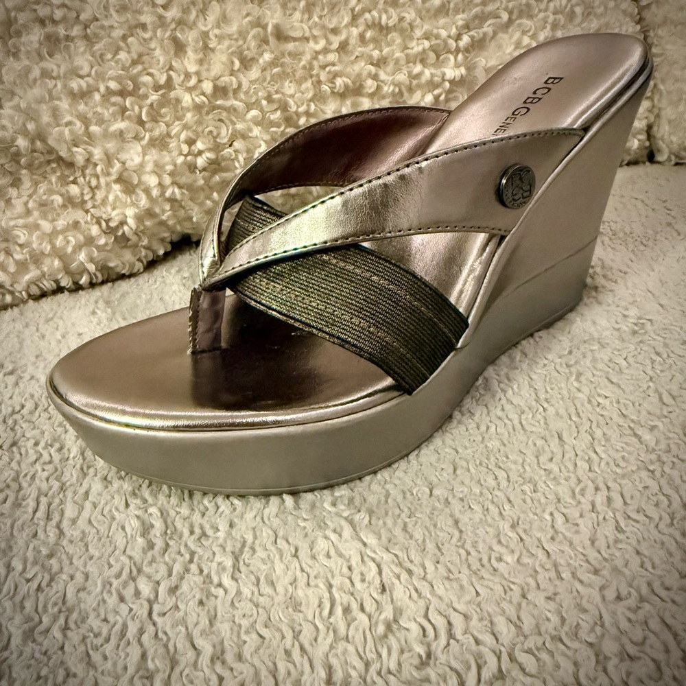 BCBG Metallic Silver Wedge Sandals